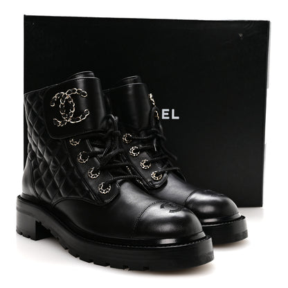 Chanel Shiny Lambskin Quilted Lace Up Combat Boots 38.5 Black 9 of 9