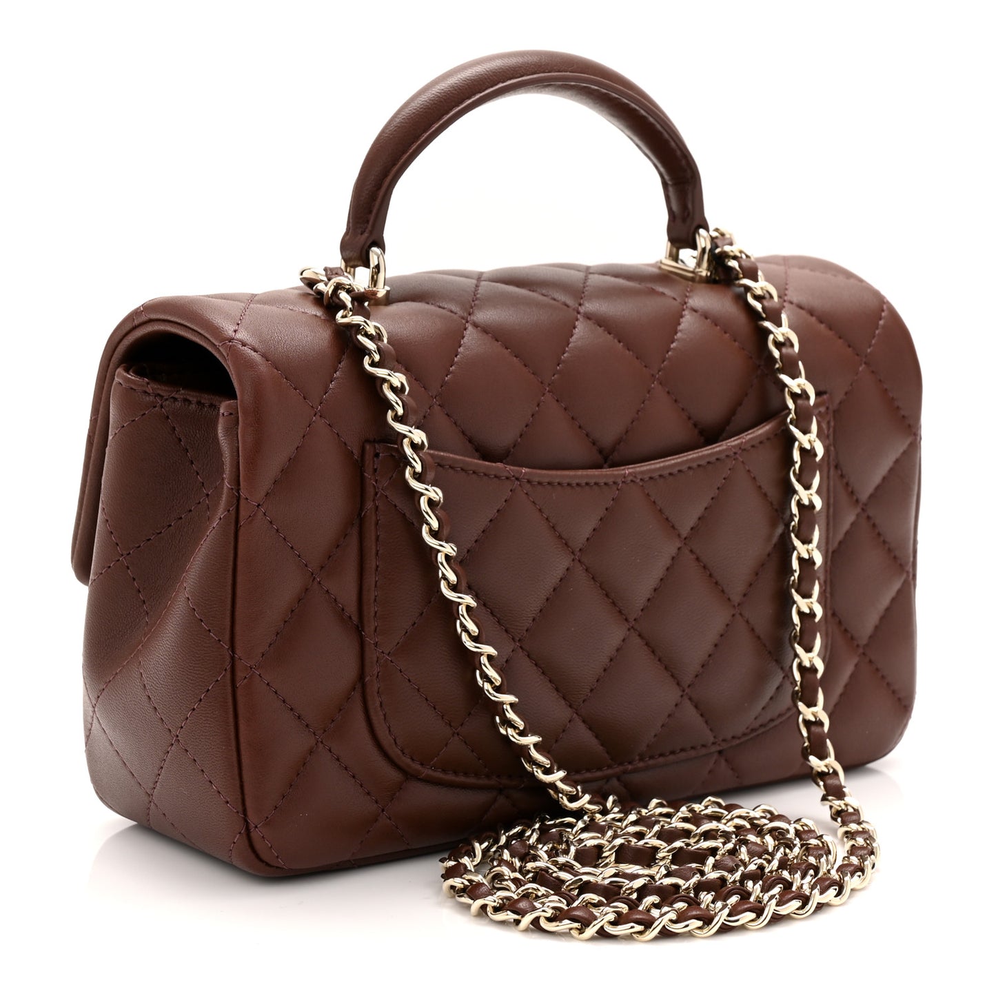 Lambskin Quilted Mini Top Handle Rectangular Flap Dark Brown
