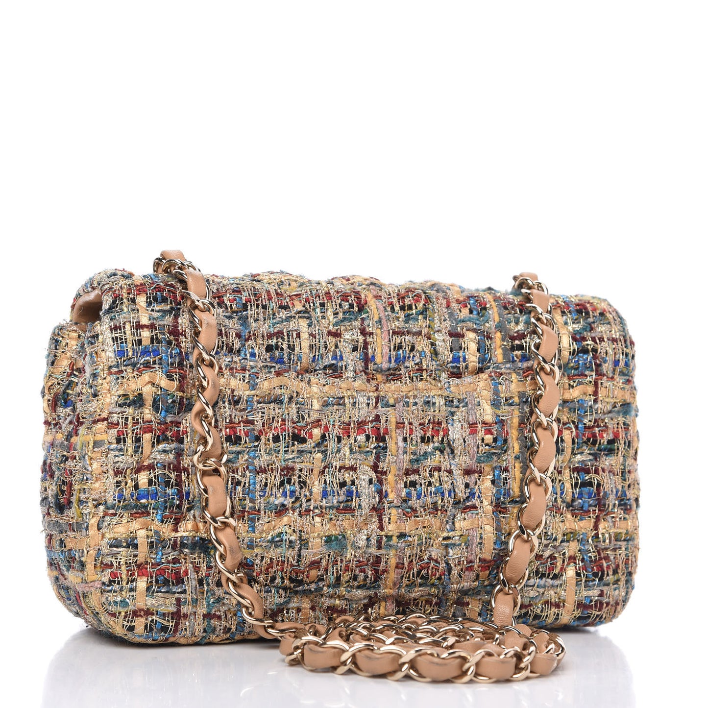 Tweed Quilted Mini Rectangular Flap Gold Blue