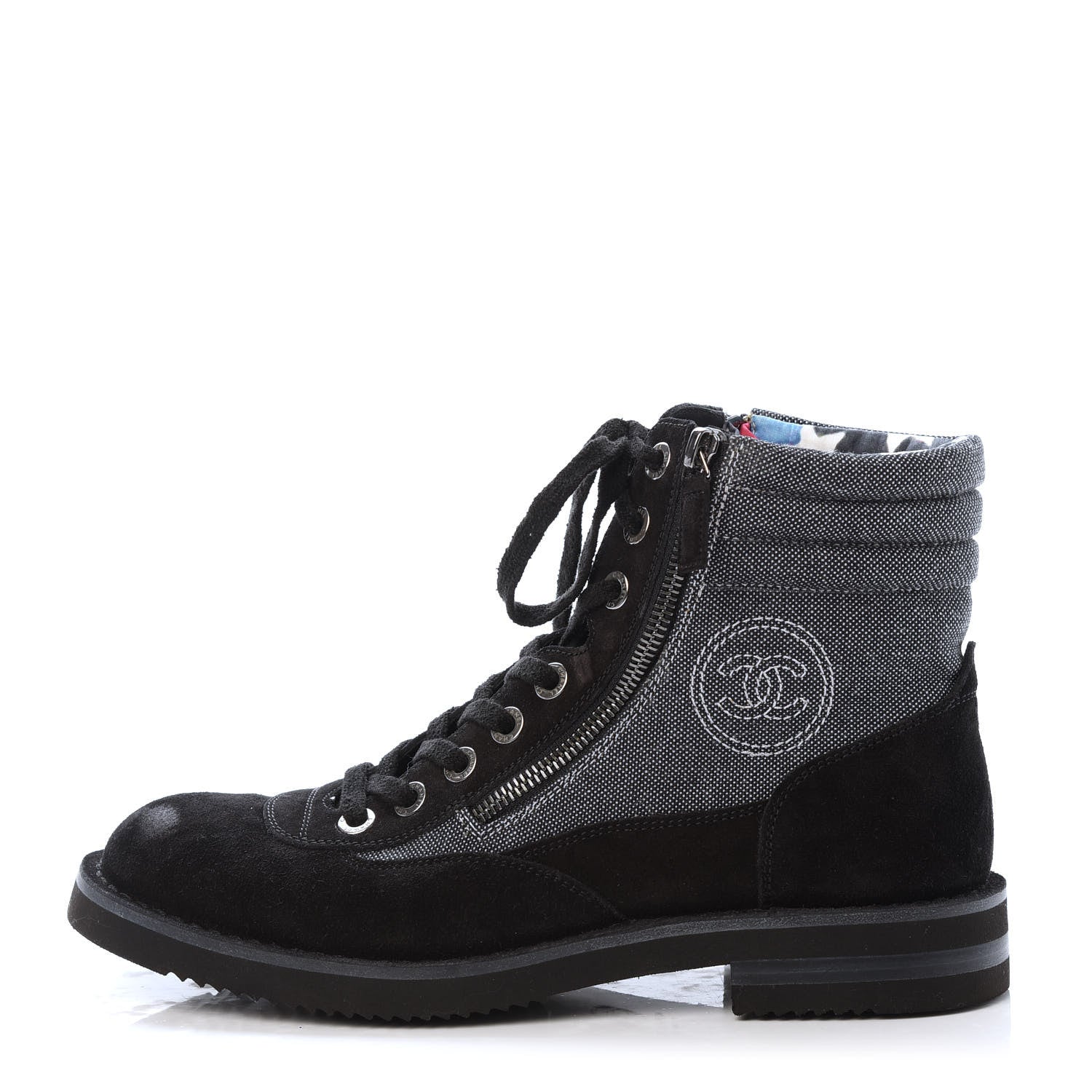 Chanel Toile Suede Calfskin CC Lace Up Short Boots 41 Dark Grey 1 of 9