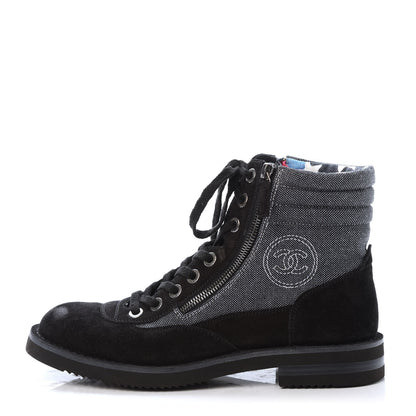Chanel Toile Suede Calfskin CC Lace Up Short Boots 41 Dark Grey 1 of 9