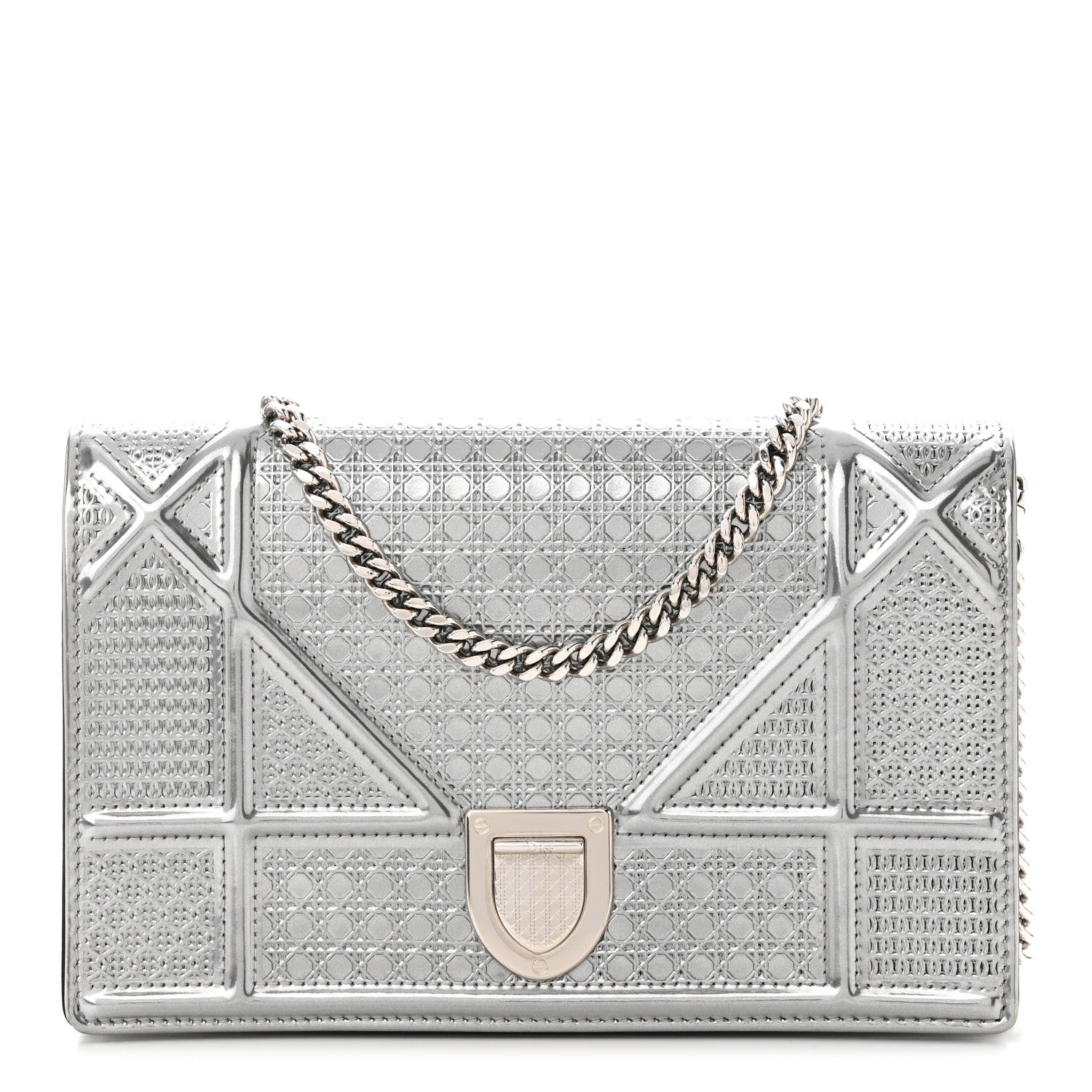 Christian Dior Metallic Patent Micro-Cannage Diorama Wallet on Chain Pouch Silver 1 of 12