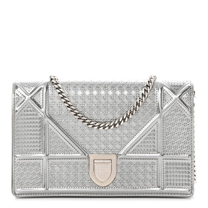 Christian Dior Metallic Patent Micro-Cannage Diorama Wallet on Chain Pouch Silver 1 of 12