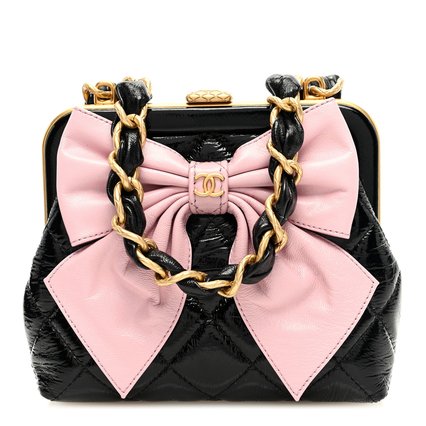 Patent Crumpled Lambskin Quilted Clutch With Chain Black Pink