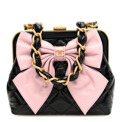 Chanel Patent Crumpled Lambskin Quilted Clutch With Chain Black Pink 1 of 10