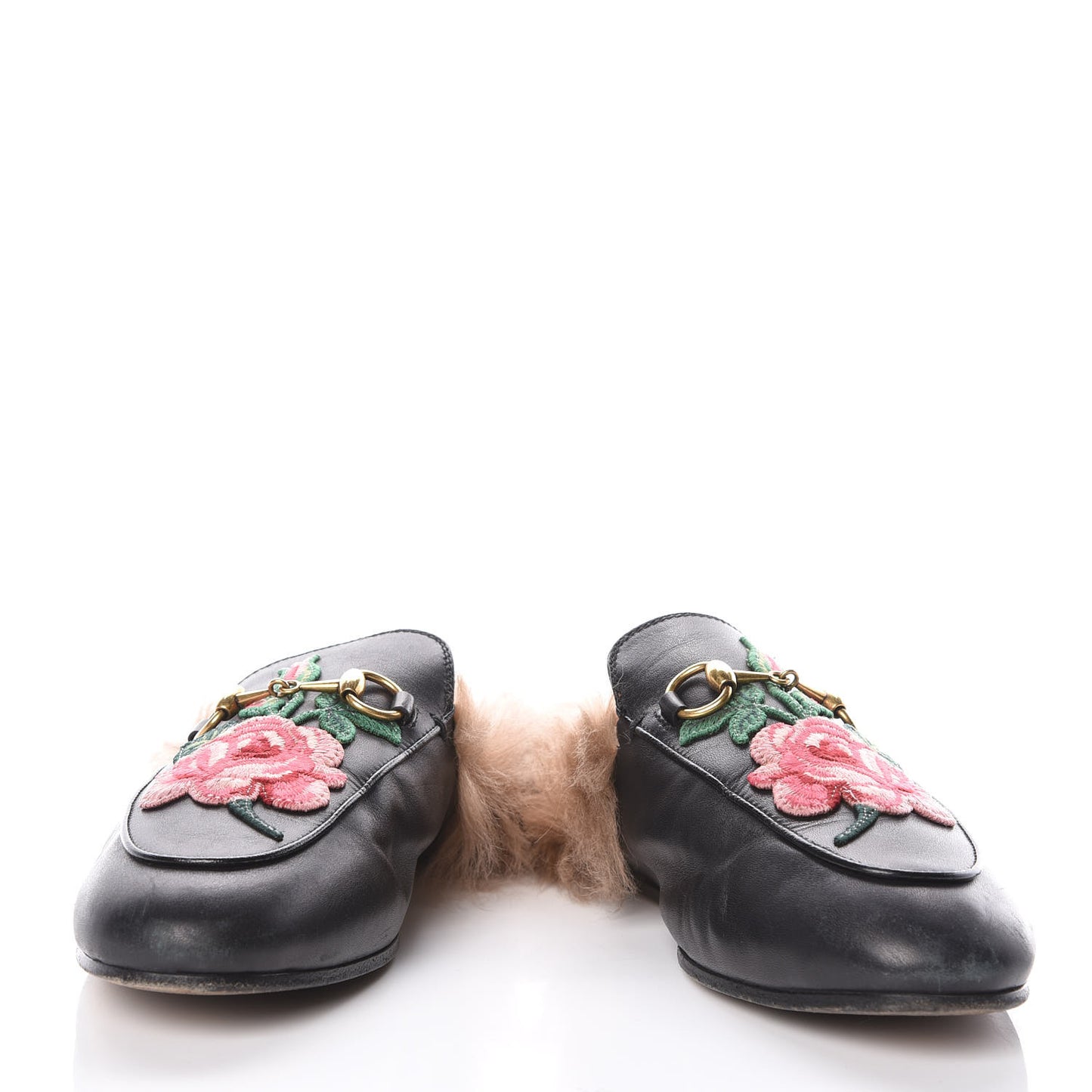 Calfskin Fur Flower Embroidered Womens Princetown Slippers 36 Black