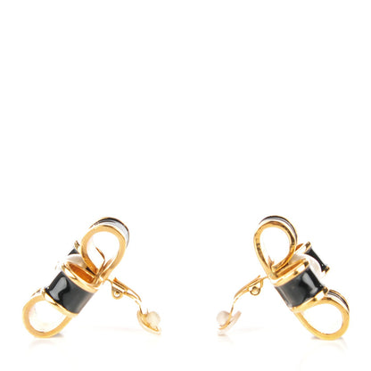 Chanel Onyx Pearl Ribbon Clip On Earrings Black Gold 3 of 4