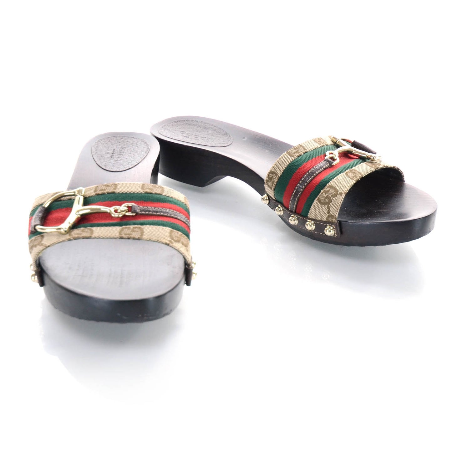 Monogram Natural Pigskin Web Horsebit Clog Slide Sandals 9.5 Beige Ebony Cocoa