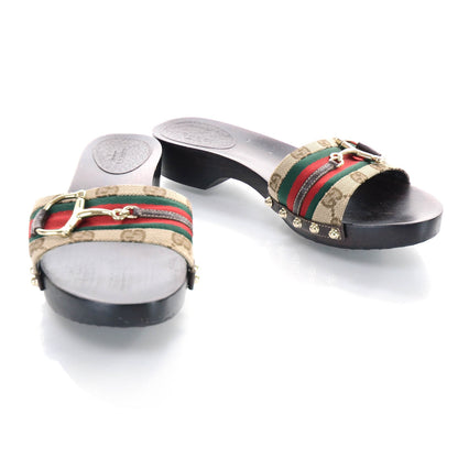 Gucci Monogram Natural Pigskin Web Horsebit Clog Slide Sandals 9.5 Beige Ebony Cocoa 1 of 8
