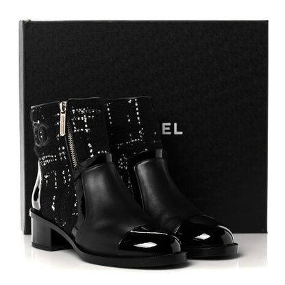 Chanel Patent Calfskin Tweed Patent Cap Toe CC Zip Boots 37.5 Black 9 of 9