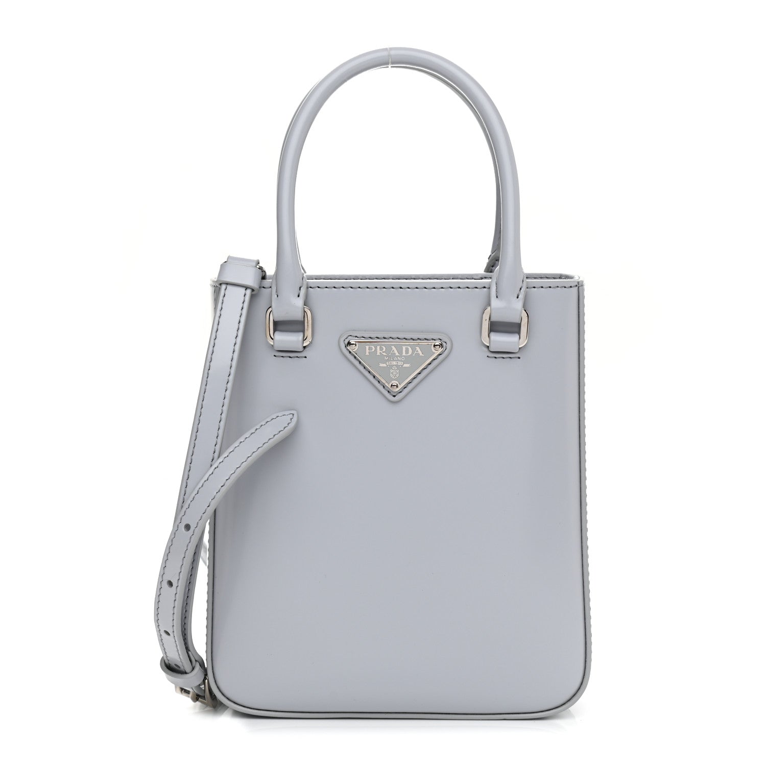 Prada Spazzolato Metal Triangle Logo Small Double Handle Crossbody Tote Fiordaliso 1 of 11