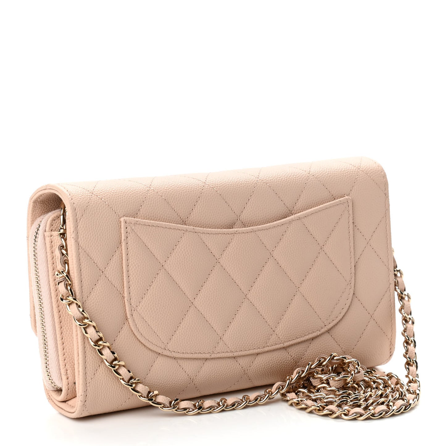Caviar Quilted Phone Holder Wallet on Removable Chain Light Beige