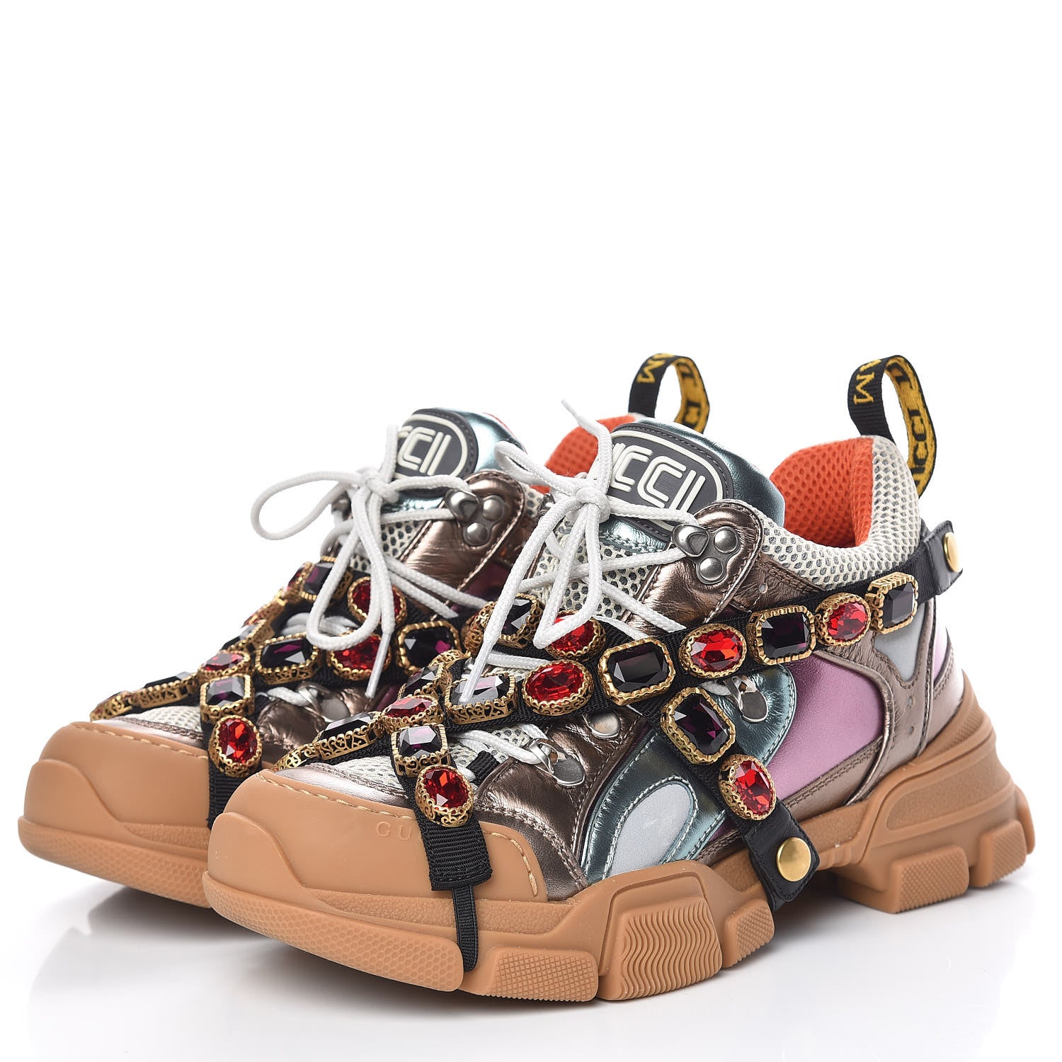 Gucci X SEGA Metallic Calfskin Mesh Removable Crystals Womens Flashtrek Sneakers 38 Rame Mystic White Lago 3 of 11