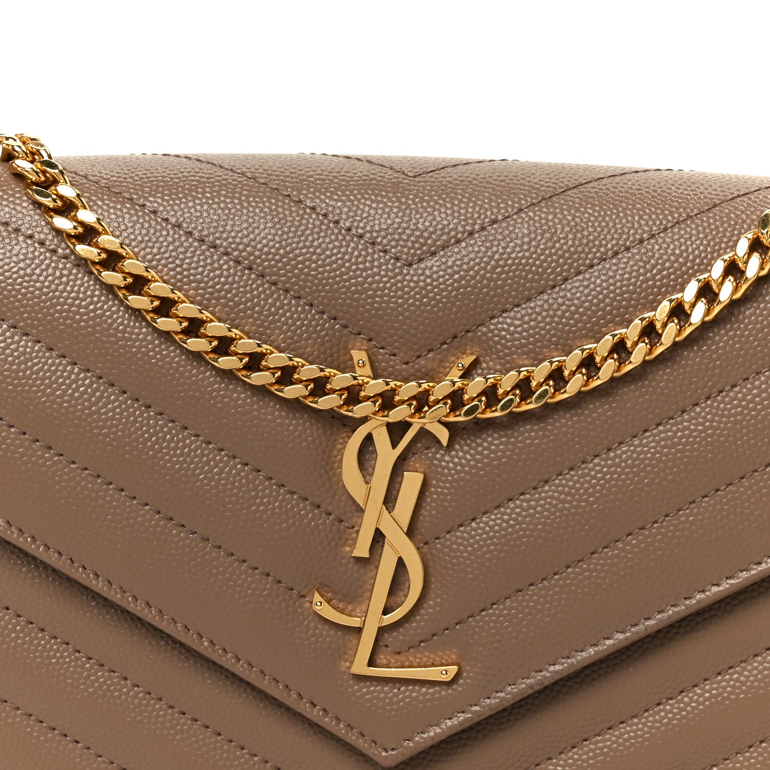 Saint Laurent Grain De Poudre Matelasse Chevron Monogram Chain Wallet Dark Beige 7 of 9
