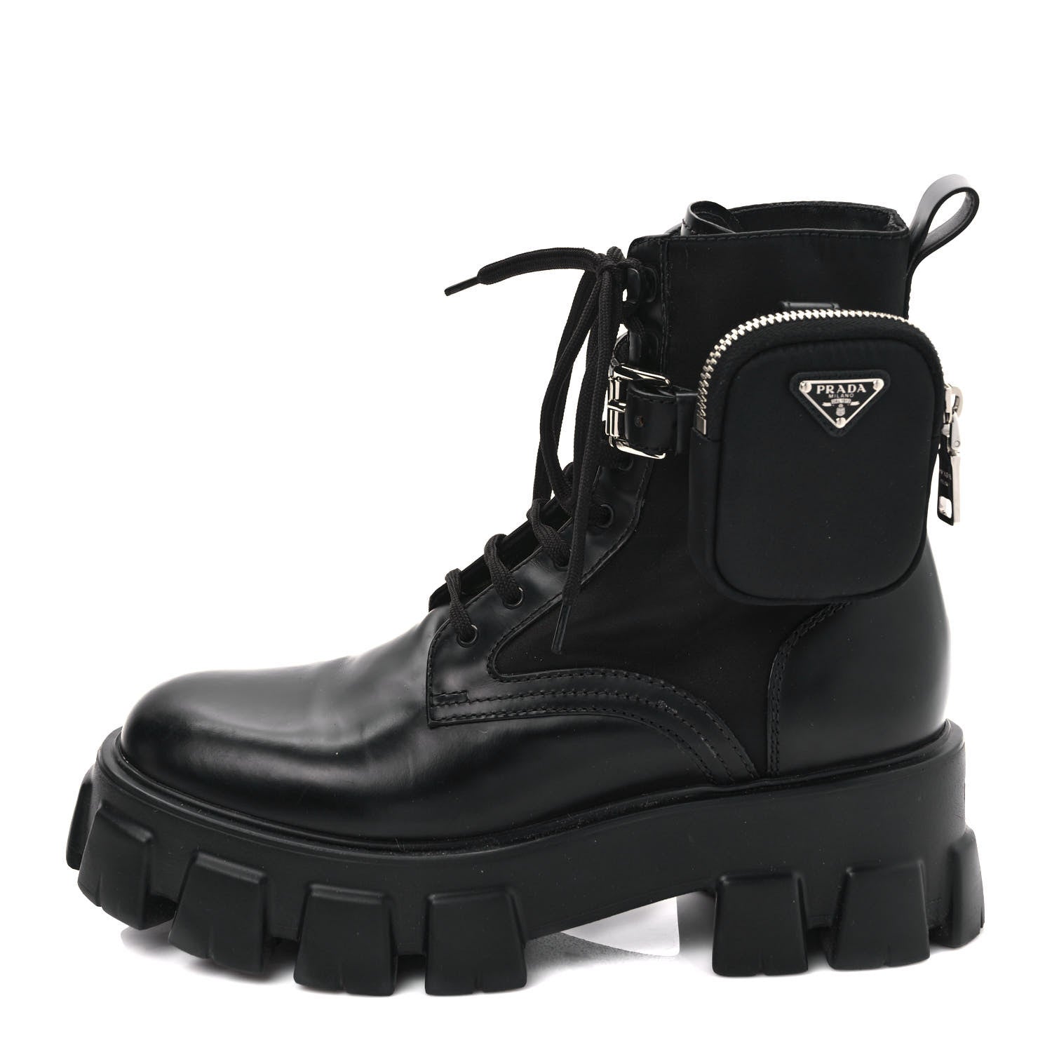 Prada Spazzolato Rois Re-Nylon Metal Triangle Logo Monolith Pouch Pocket 55mm Boots 40 Black 1 of 10