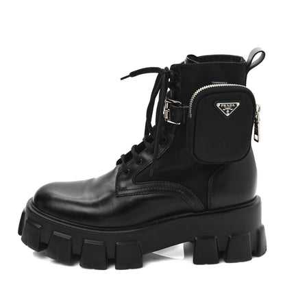 Prada Spazzolato Rois Re-Nylon Metal Triangle Logo Monolith Pouch Pocket 55mm Boots 40 Black 1 of 10