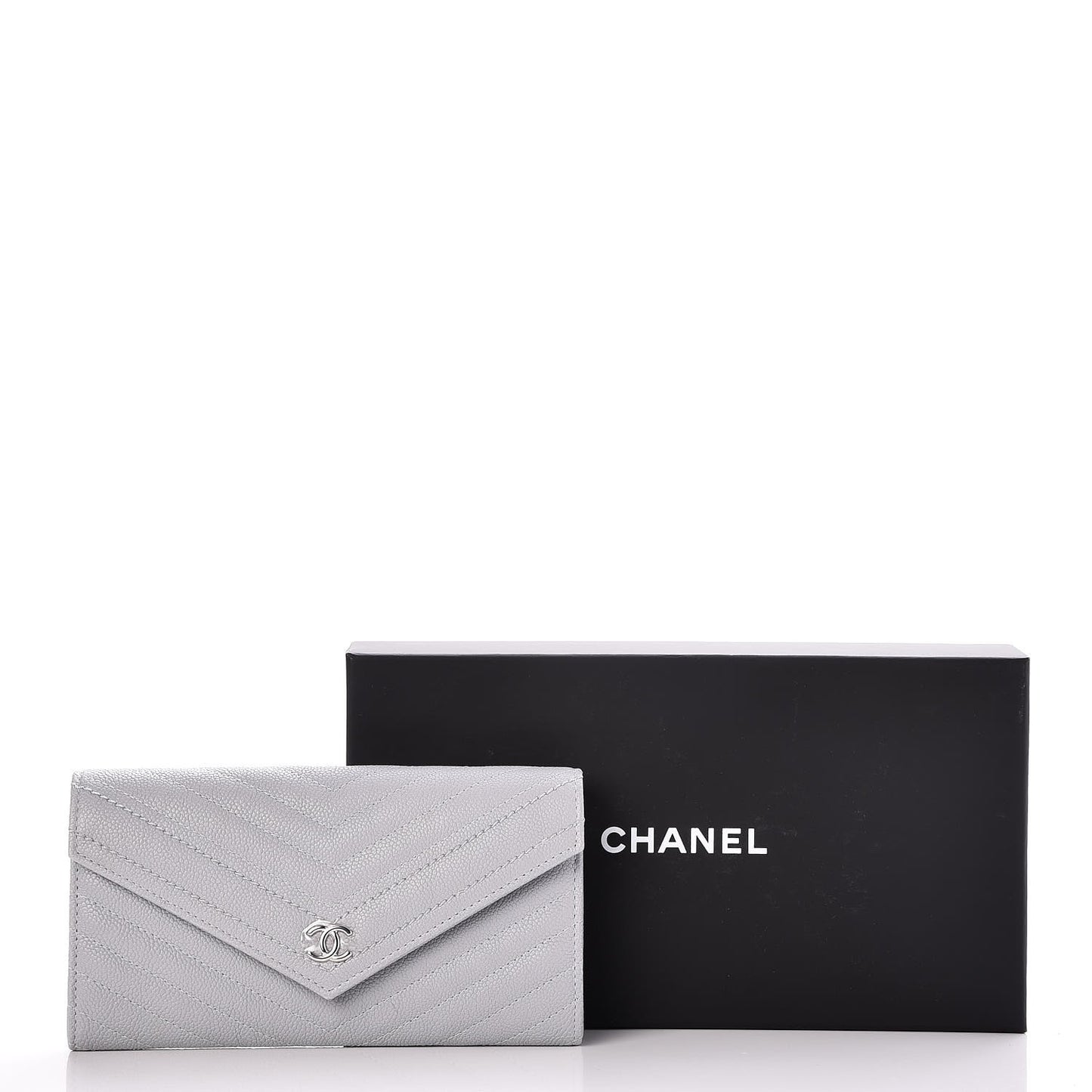 Caviar Chevron Quilted Large Gusset Flap Wallet Grey
