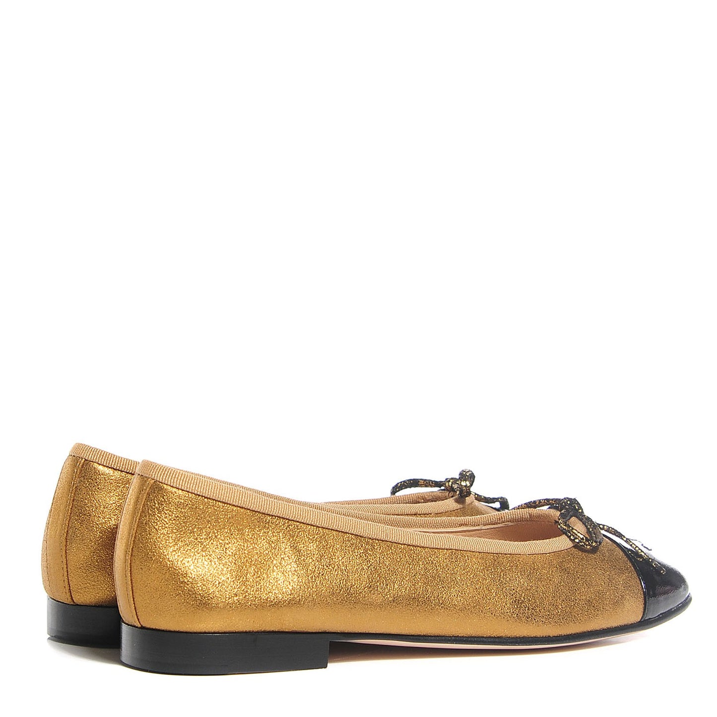Metallic Calfskin Cap Toe Ballerina Flats 38.5 Gold Black
