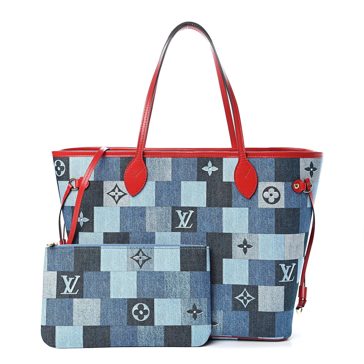 Louis Vuitton Denim Damier Monogram Patchwork Neverfull Blue Rouge 1 of 12