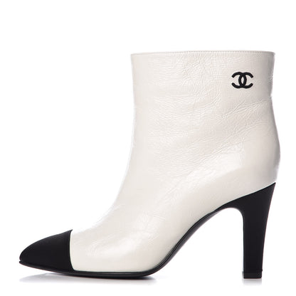 Chanel Crumpled Calfskin Satin Cap Toe Short Ankle Boots 36.5 White Black 1 of 9