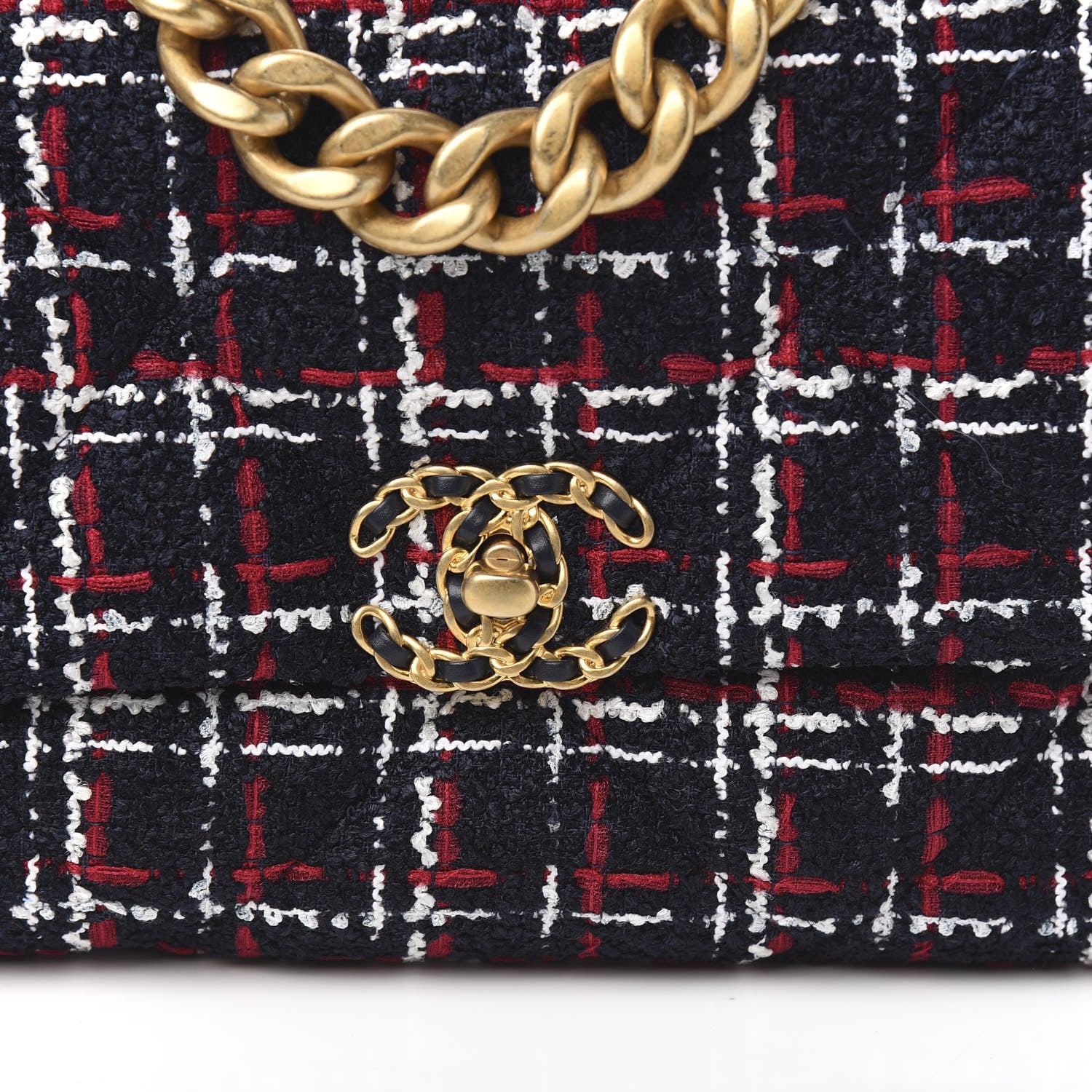 Chanel Tweed Quilted Large 19 Flap Navy Blue White Red 9 of 9
