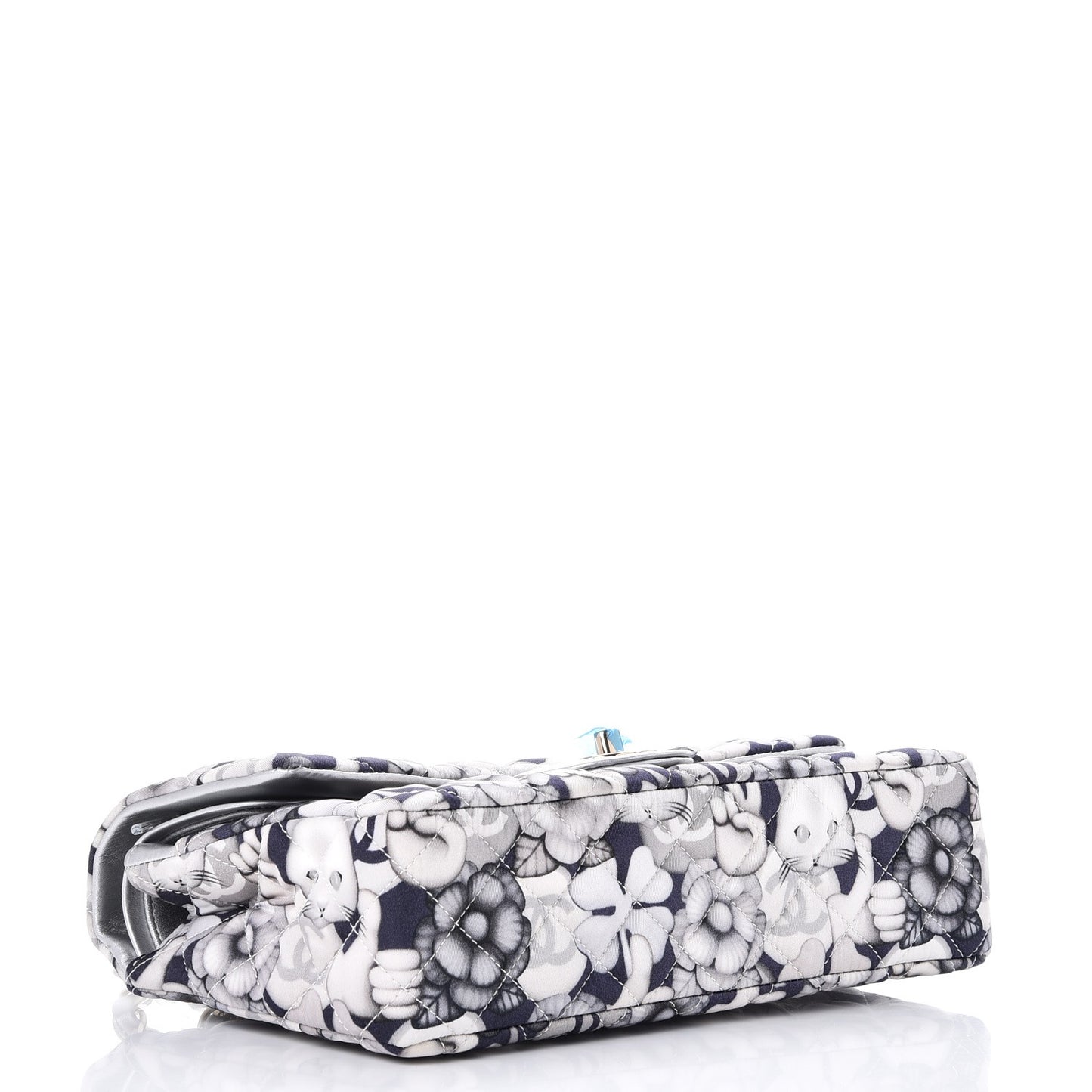 Nylon Quilted Medium Cat Emoticon Double Flap Navy Grey Ecru