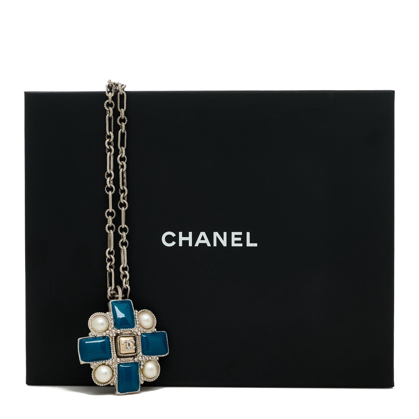 Gripoix Poured Glass Pearl CC Pendant Necklace Turquoise Silver