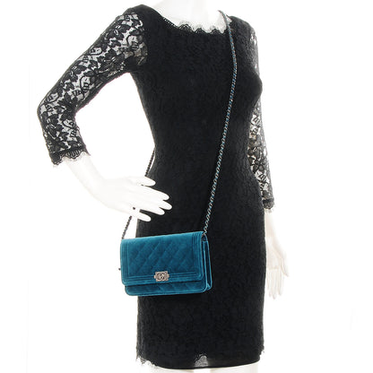 Chanel Velvet Quilted Boy Wallet On Chain WOC Turquoise 2 of 8