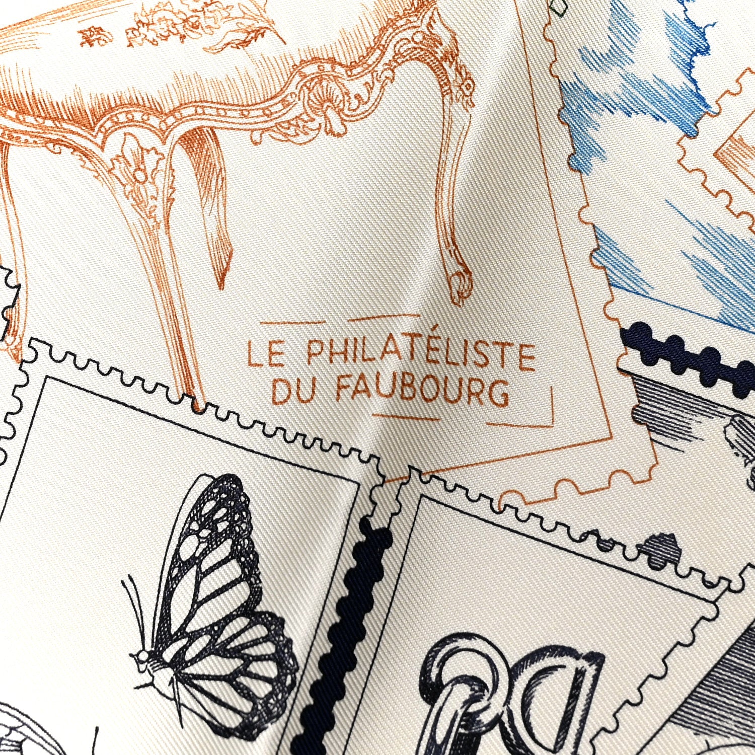 Hermes Silk Le Philateliste Du Faubourg Scarf 45 Marine Creme Mauve 5 of 5