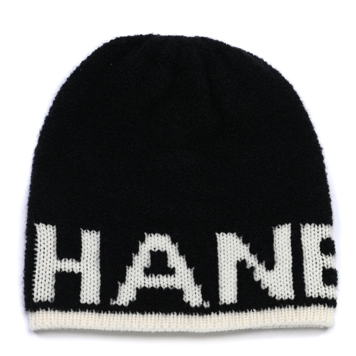 Cashmere Wool Silk Logo Beanie Hat Black White