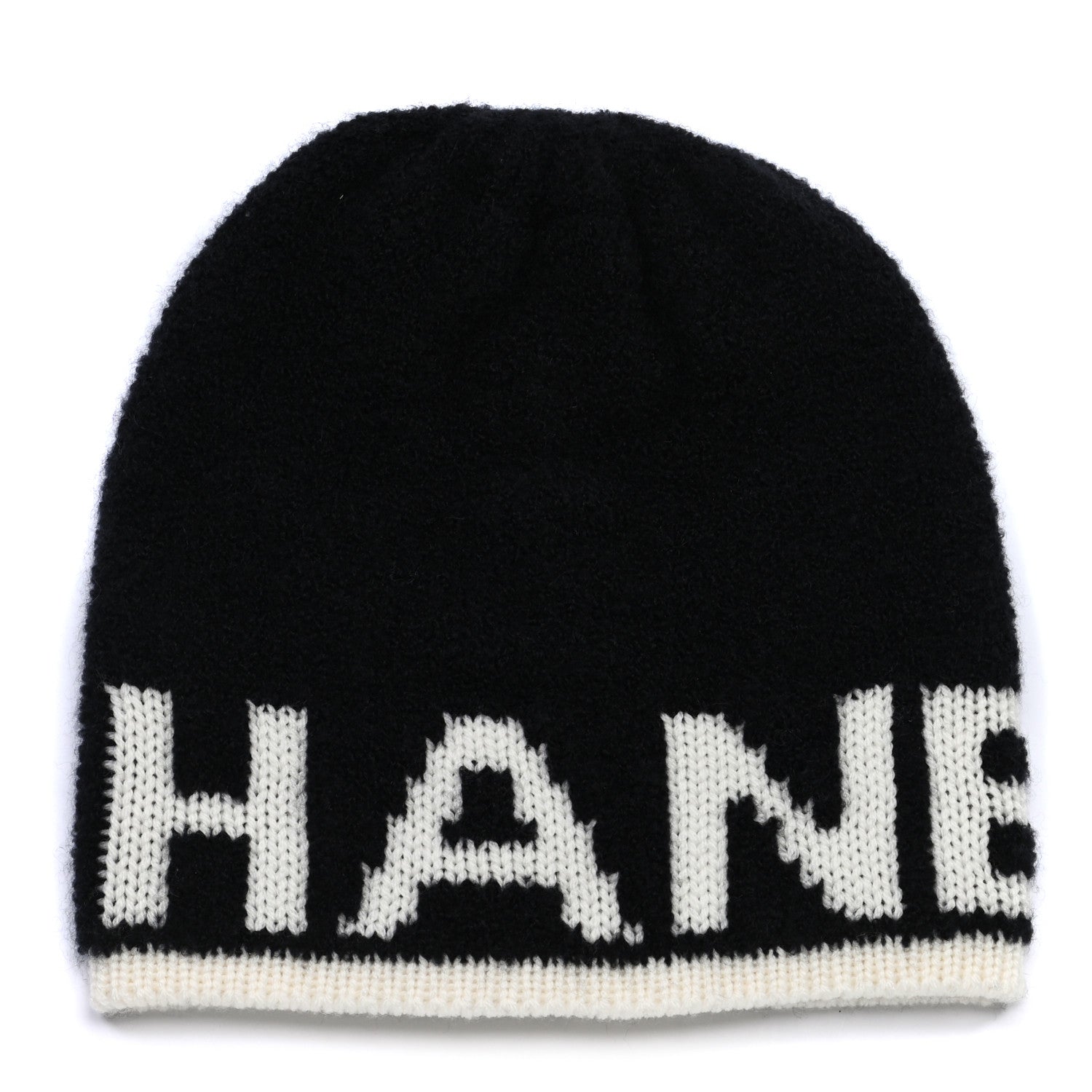 Chanel Cashmere Wool Silk Logo Beanie Hat Black White 1 of 6