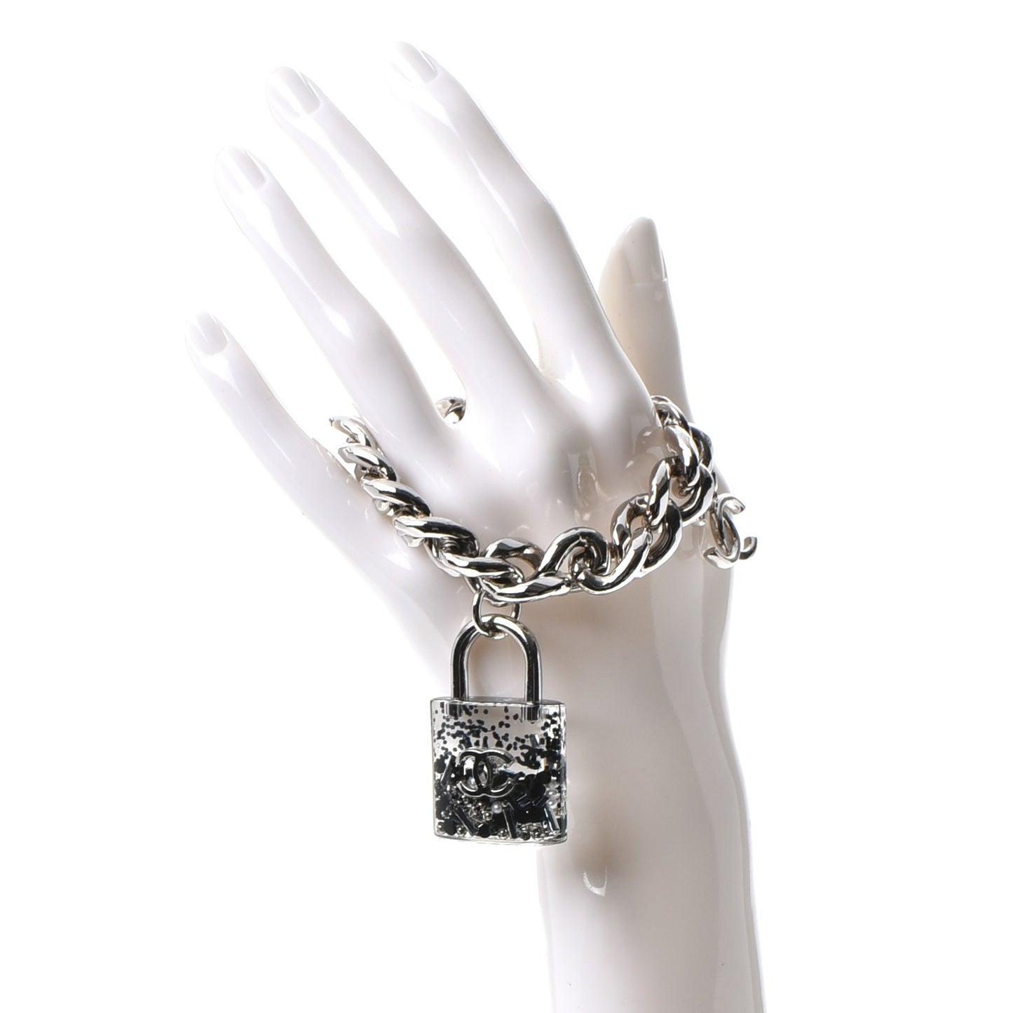 Plexiglass Pearl CC Padlock Bracelet Silver