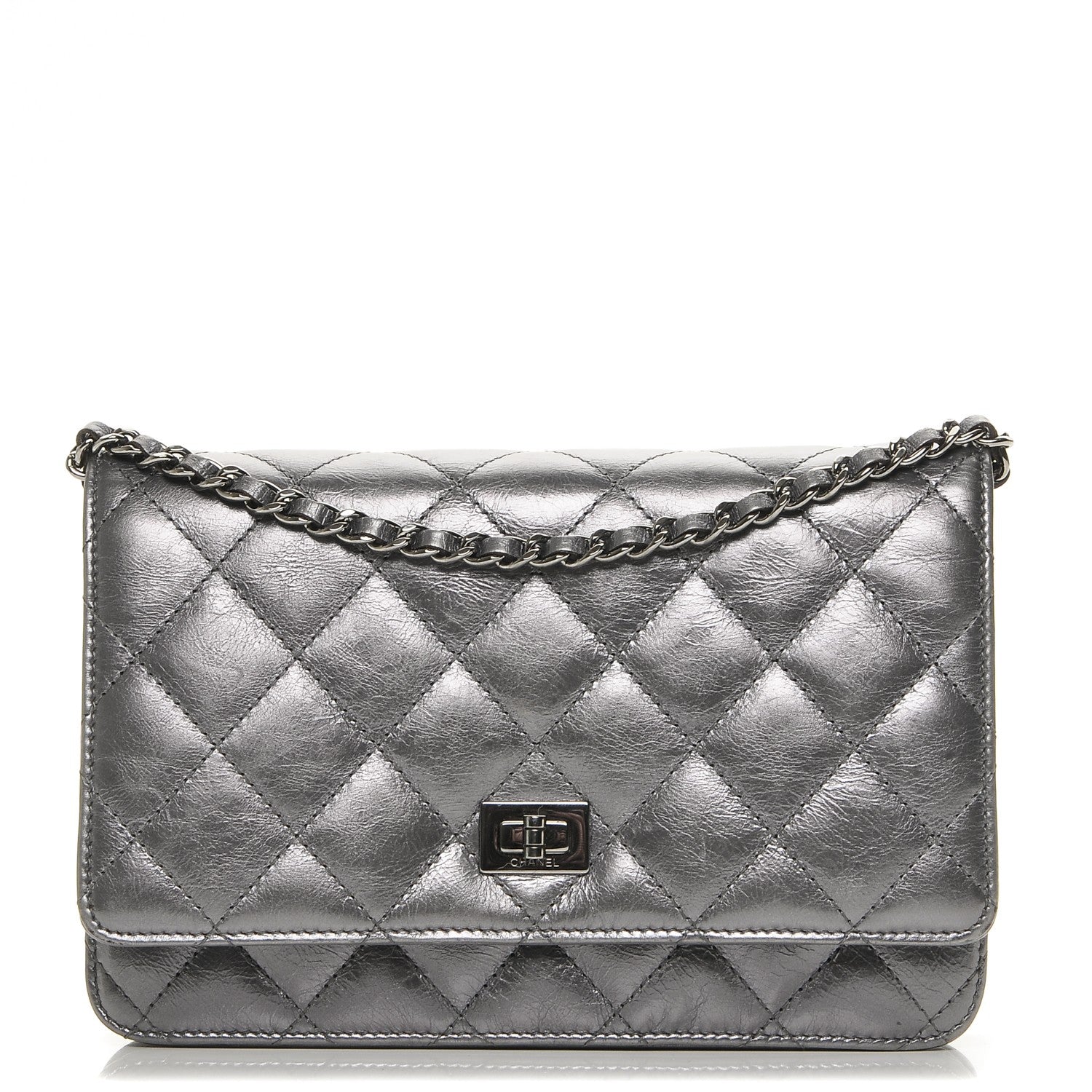 Chanel Metallic Aged Calfskin Reissue Wallet On Chain WOC Dark Silver 1 of 8