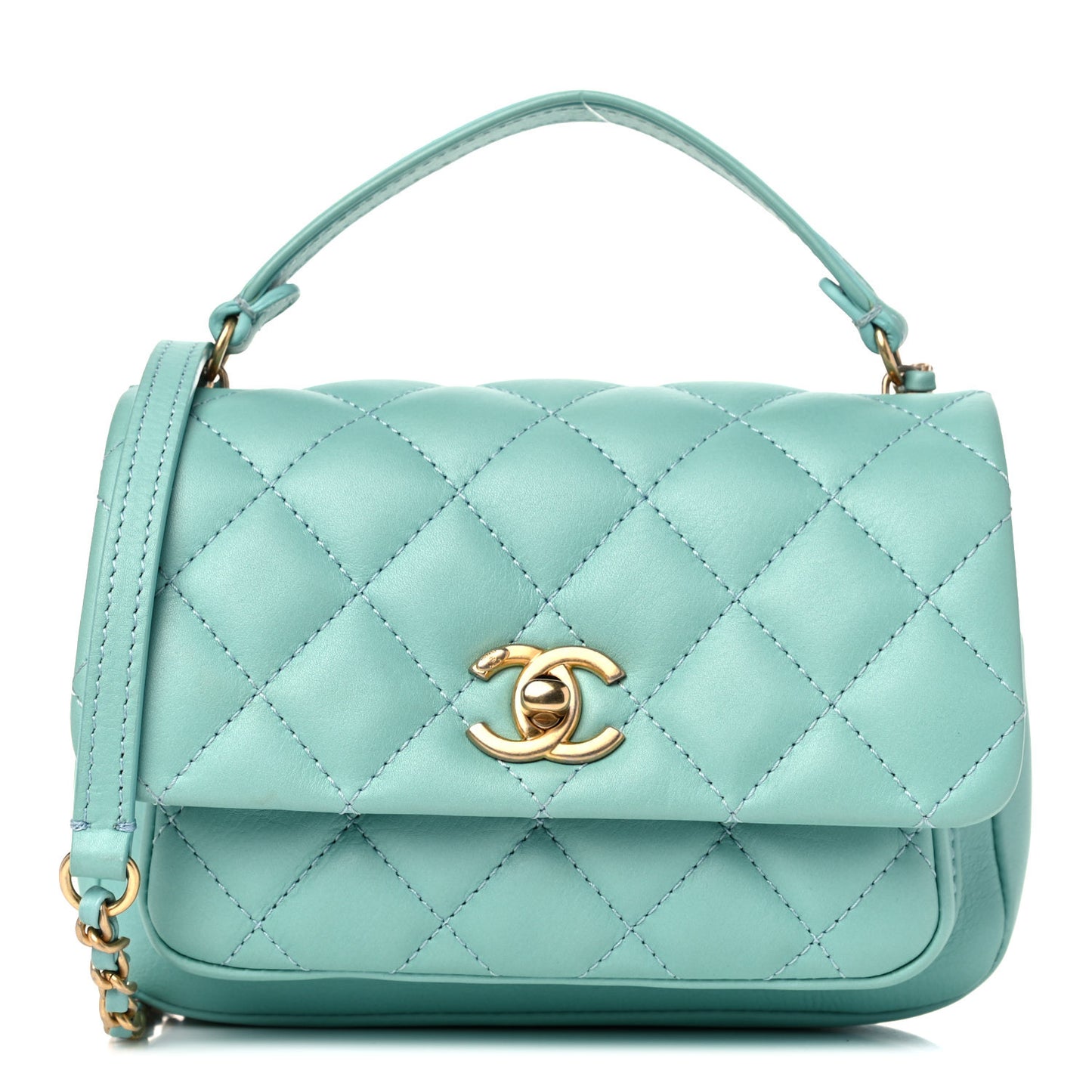 Calfskin Quilted Top Handle Flap Light Blue