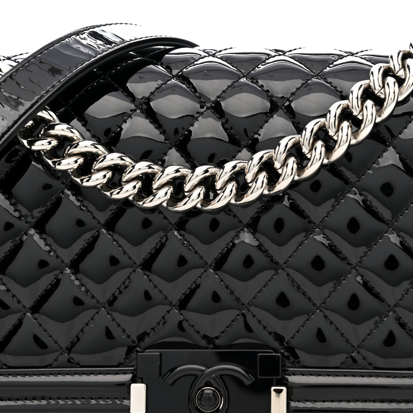 Patent Calfskin Quilted Medium Plexiglass Boy Flap Black