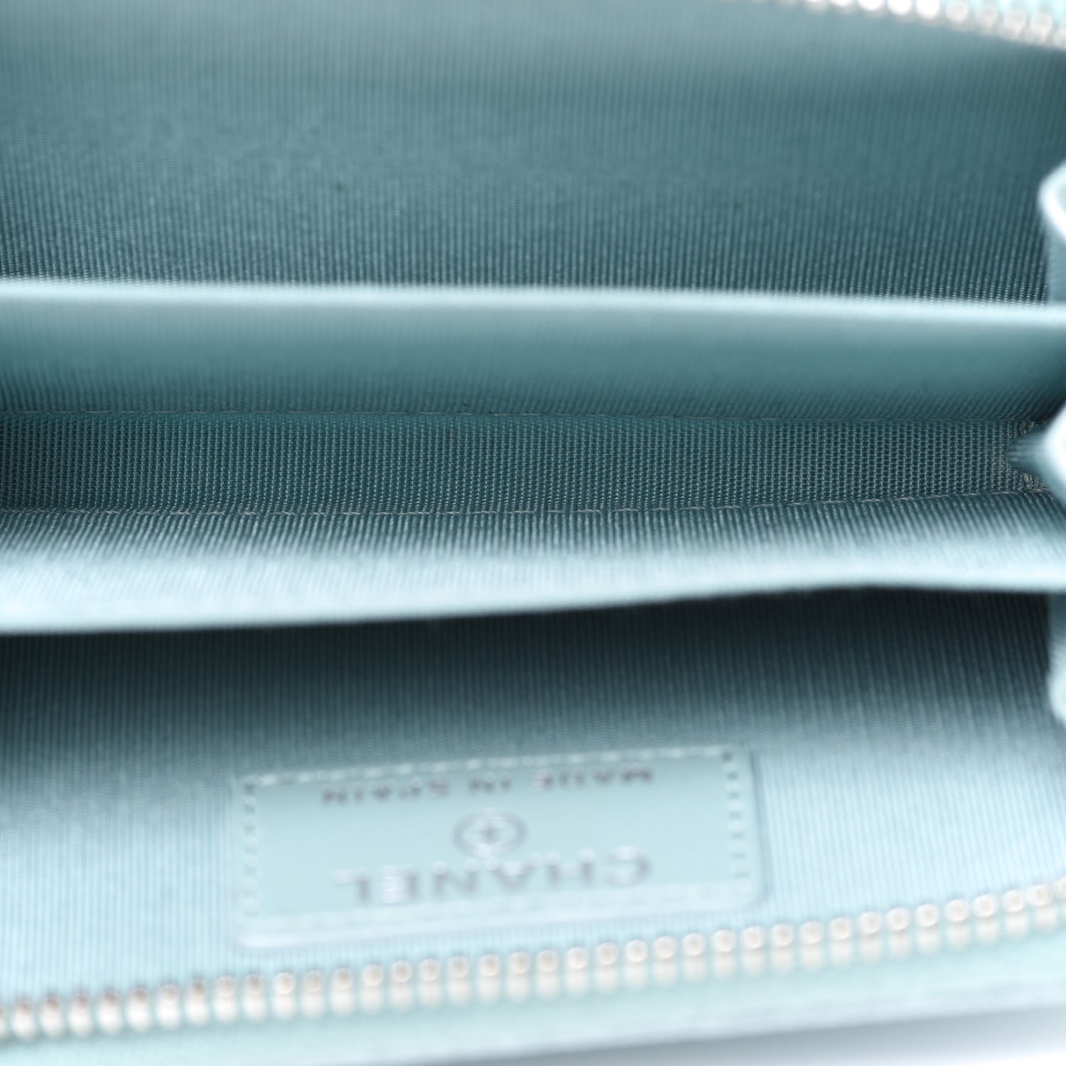 Chanel Metallic Caviar Chevron Quilted Vintage Mademoiselle Zip Coin Purse Light Blue 5 of 7
