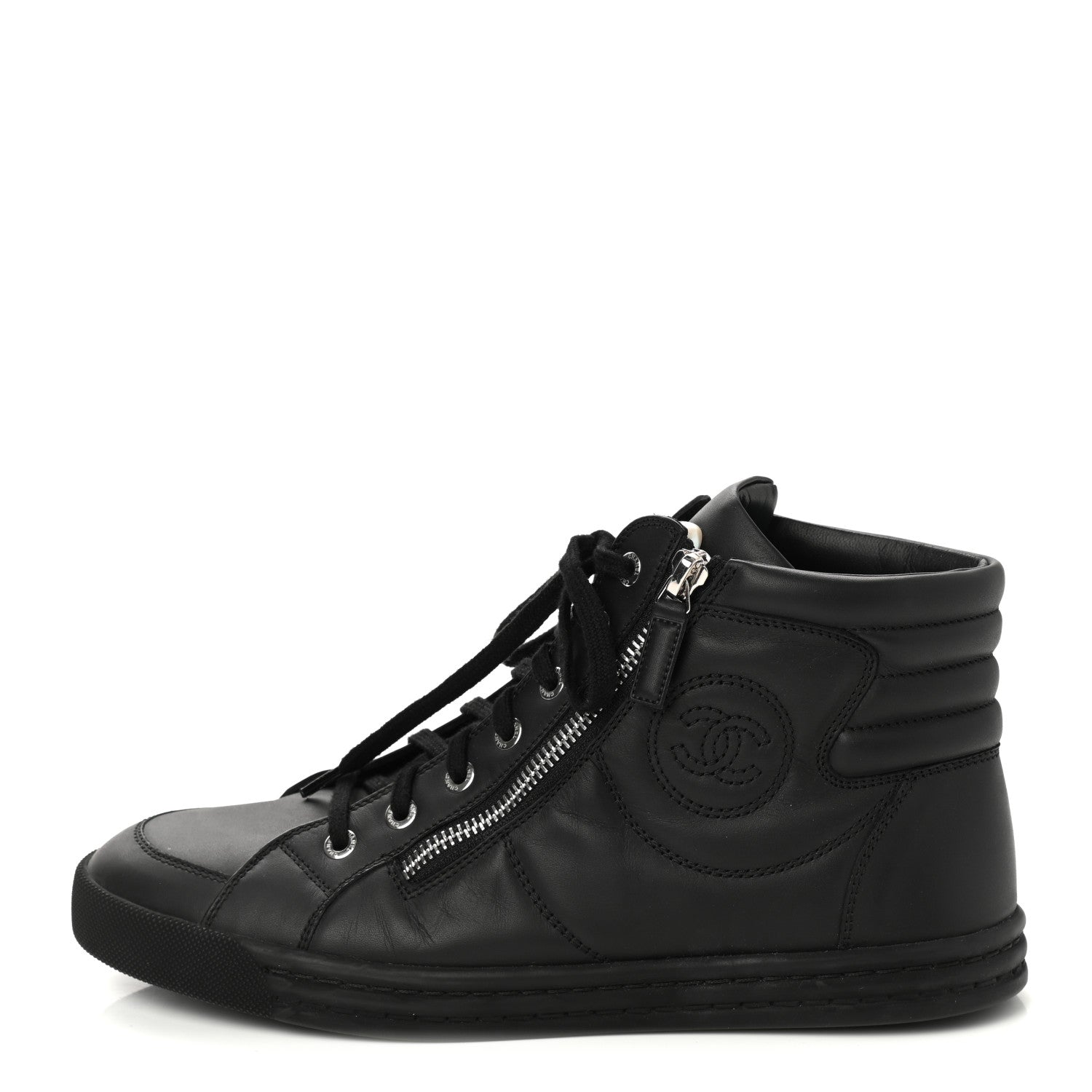 Chanel Calfskin Pearl High Top CC Sneakers 39.5 Black 1 of 8