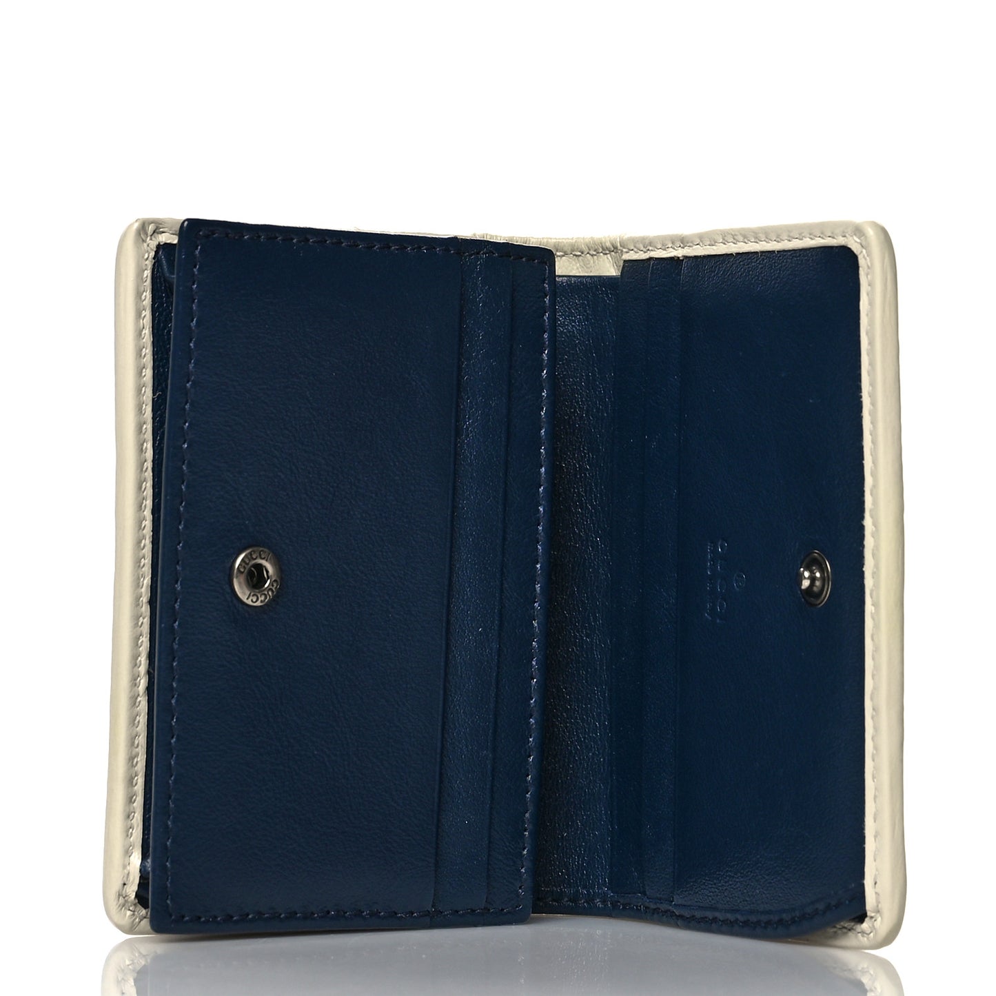 Vintage Effect Calfskin Matelasse Diagonal Torchon GG Marmont Card Case Wallet Blue Agata Mystic White