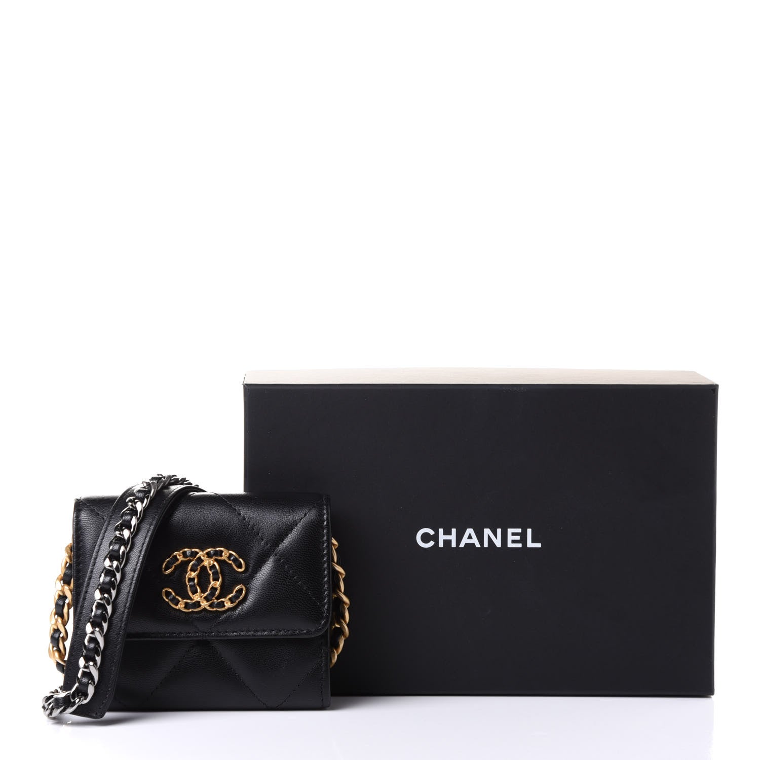 Chanel Shiny Goatskin Quilted Chanel 19 Flap Coin Purse With Chain Black 14 of 14