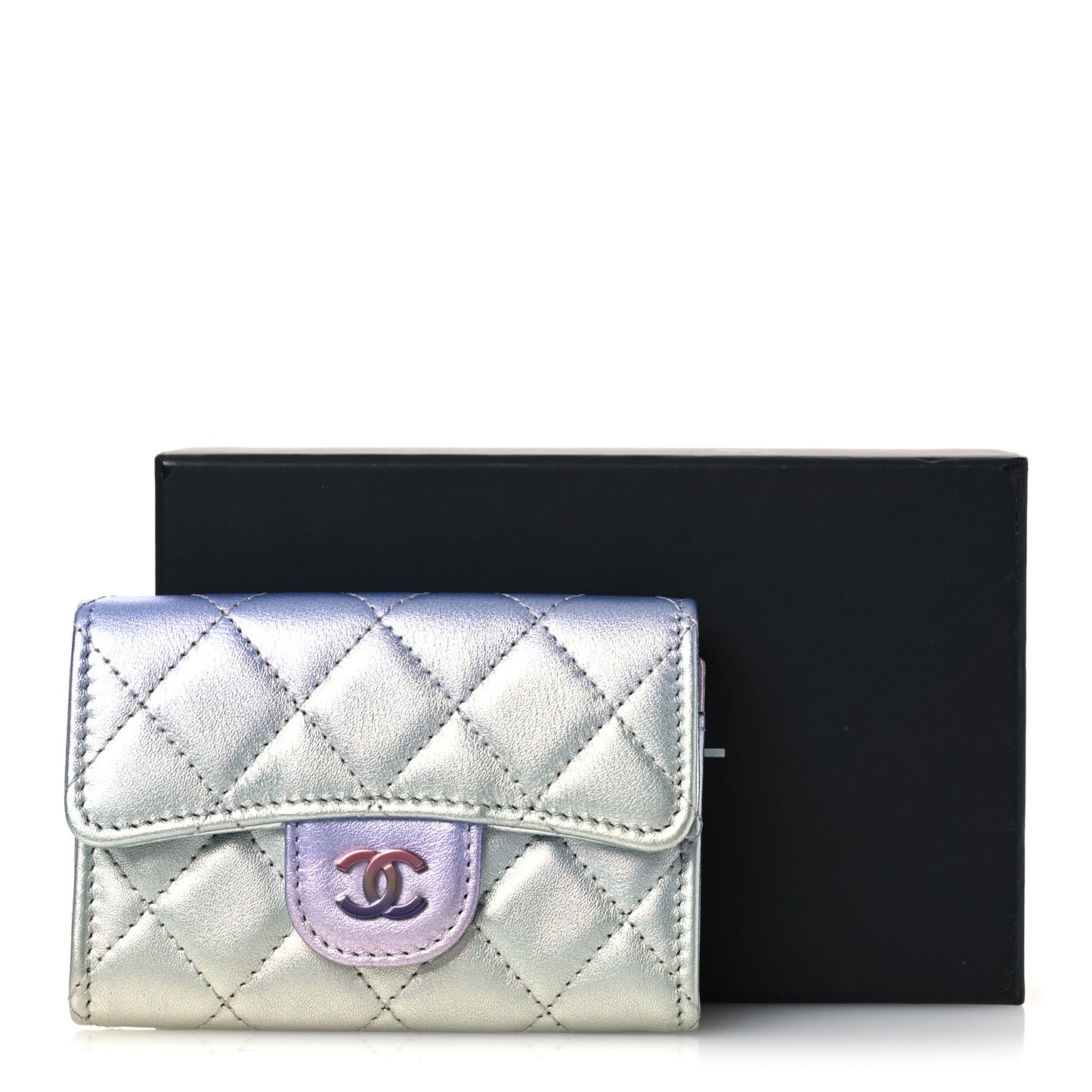 Gradient Metallic Calfskin Quilted Flap Card Holder Wallet Silver Blue Yellow Purple