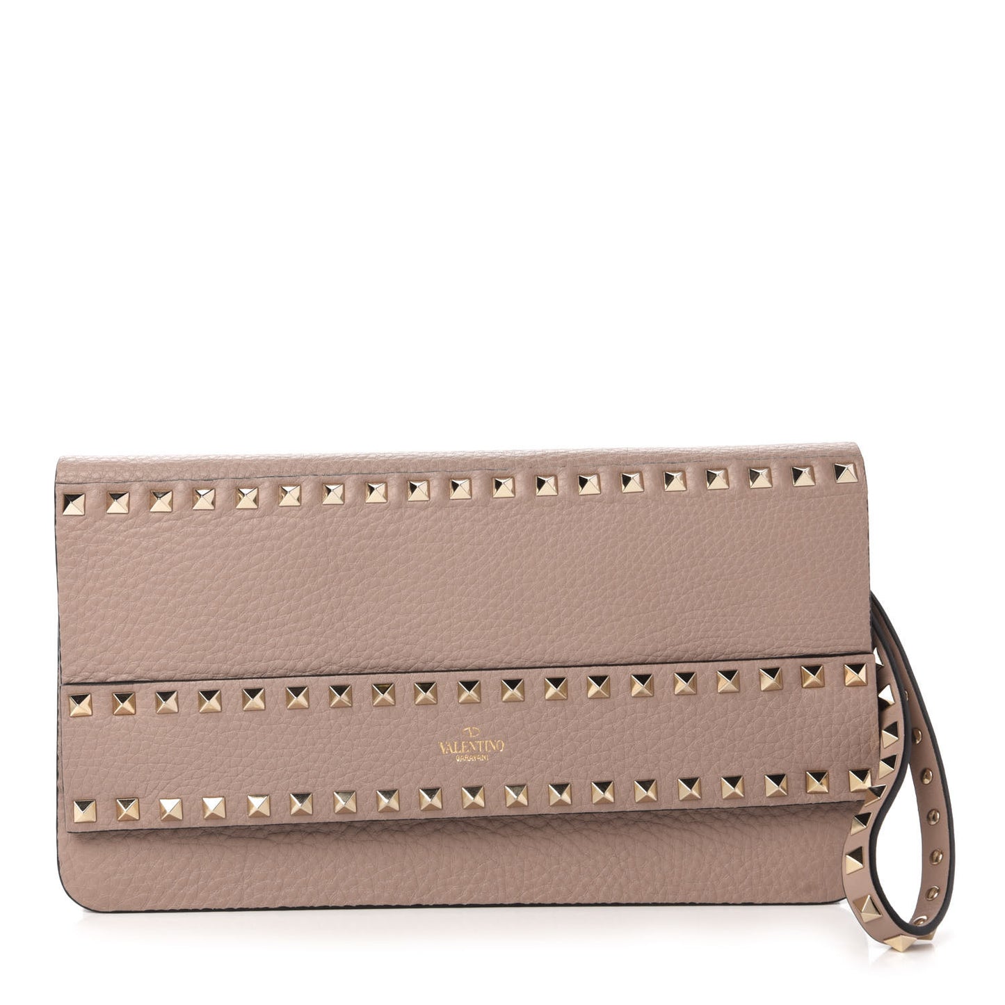 Pebble Calfskin Rockstud Side Slip Wristlet Clutch Poudre