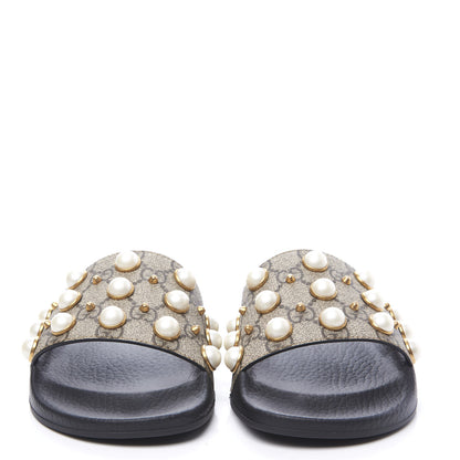 Gucci GG Supreme Monogram Pearls Slide Sandals 37 Beige 3 of 11