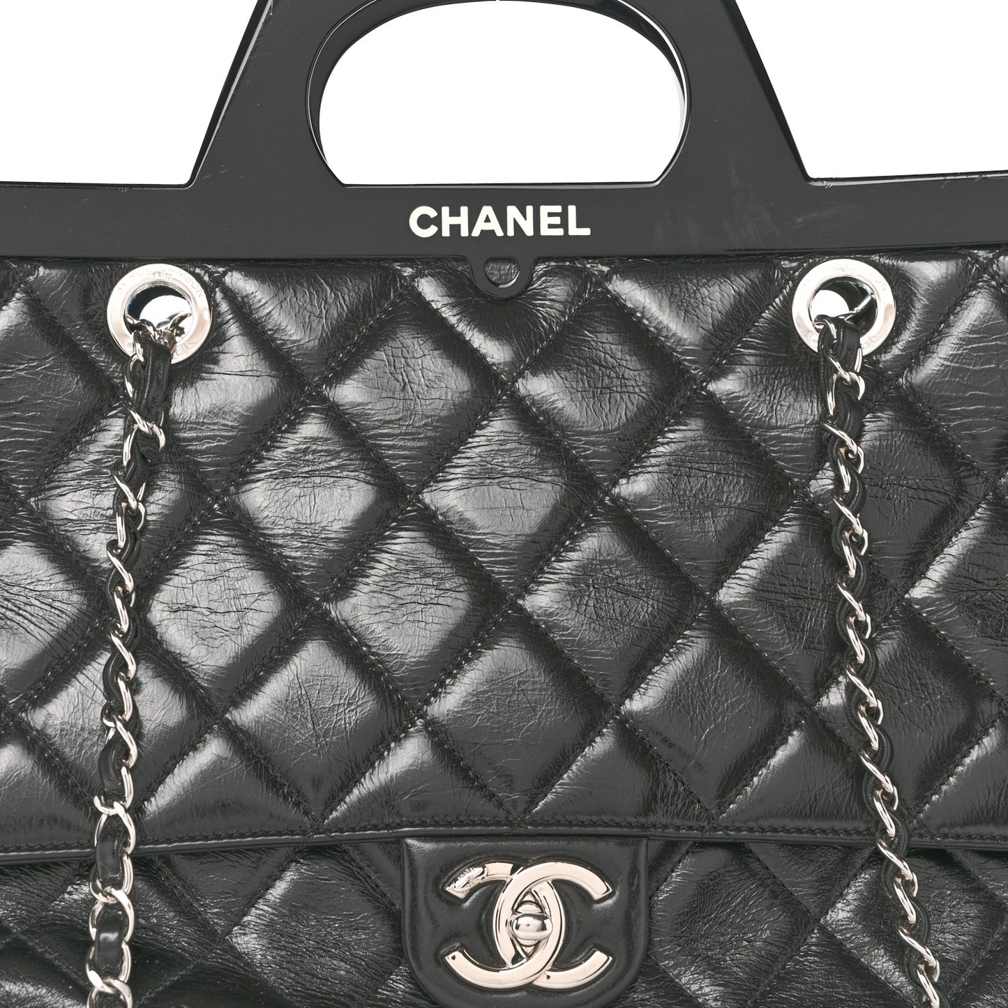 Glazed Calfskin Quilted Large CC Delivery Tote Black