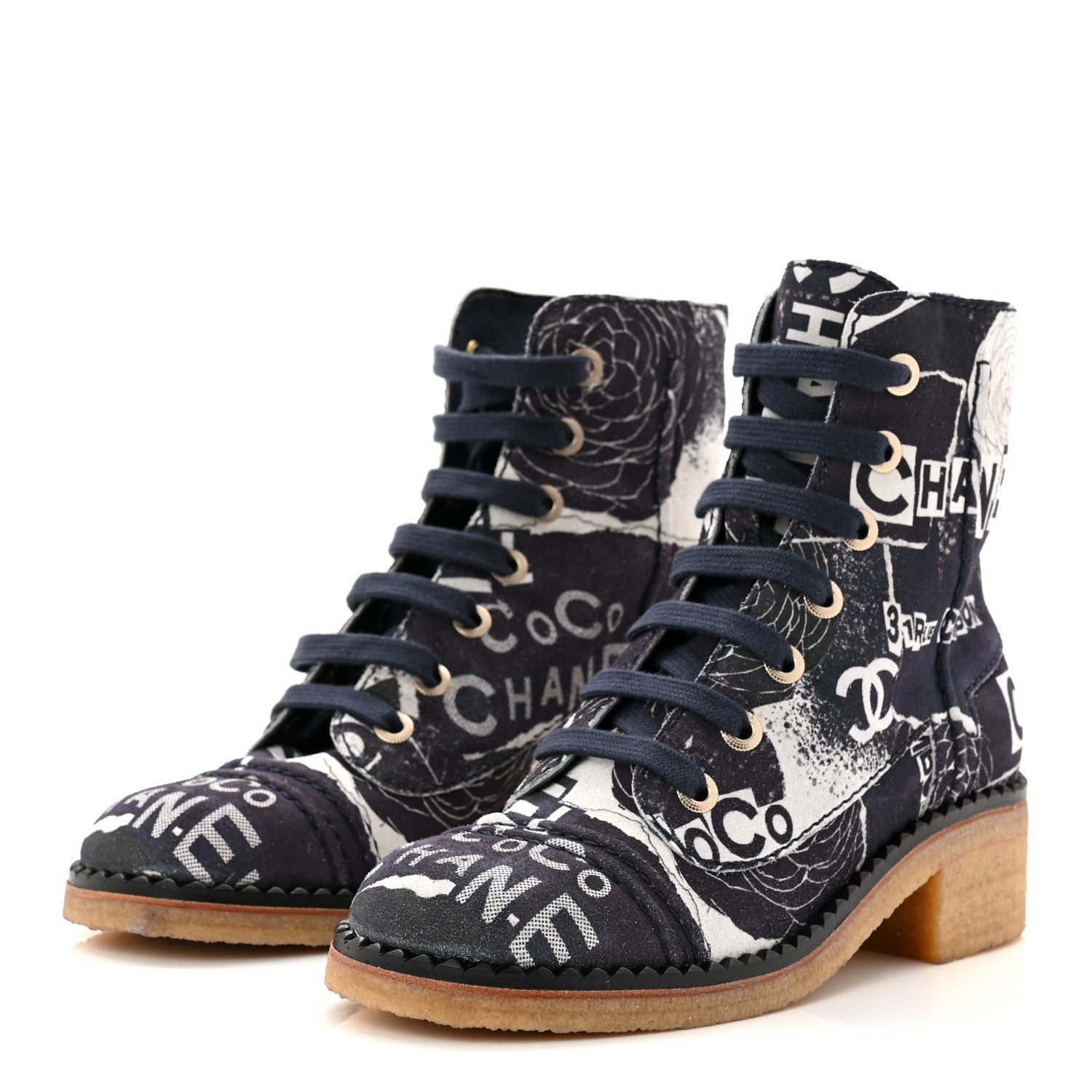 Chanel Suede Calfskin Printed CC 31 Rue Cambon Lace Up Combat Boots 36 White Navy 3 of 9