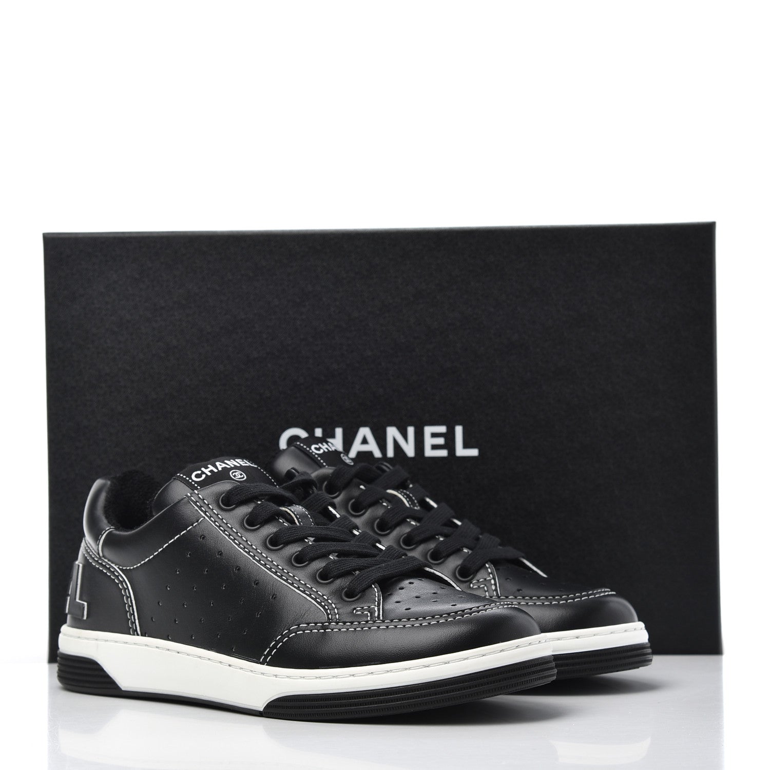 Chanel Calfskin Womens Logo Sneakers 37.5 Black White 9 of 9