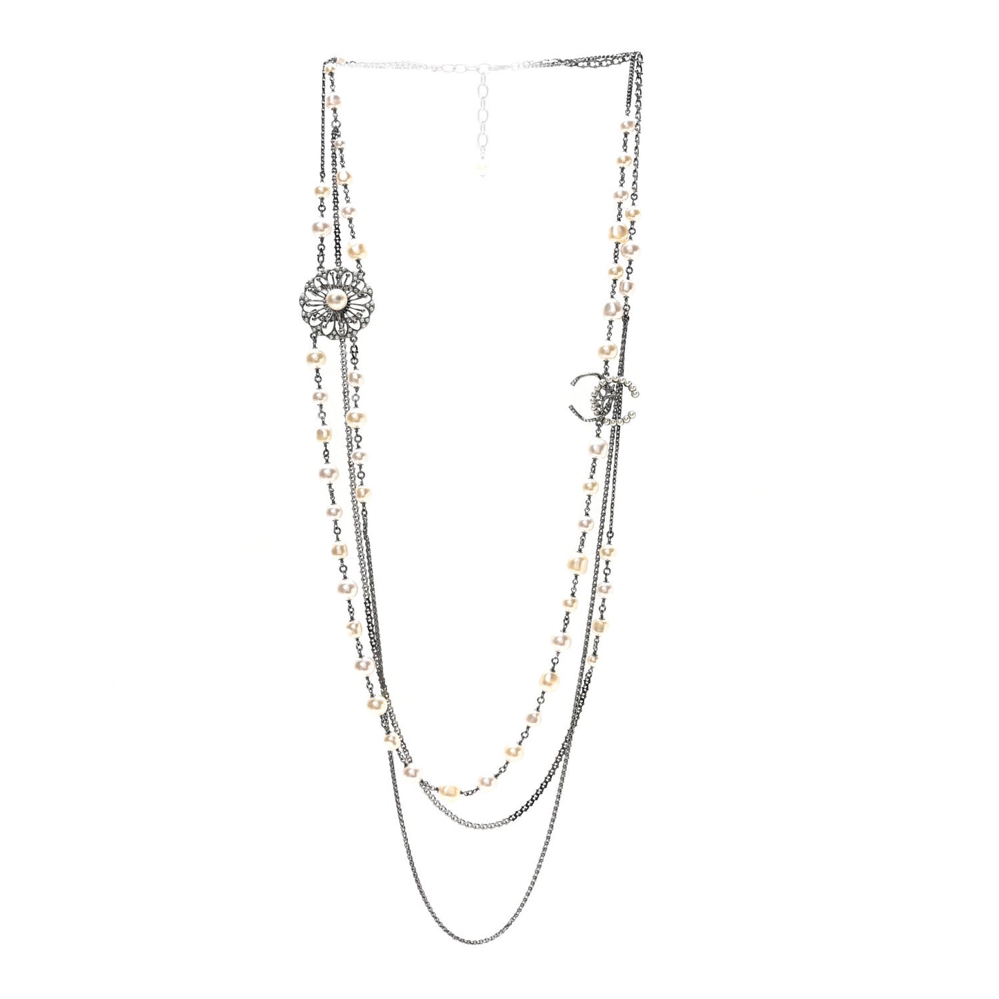 Glass Pearl Crystal CC Leaf Multi Strand Long Necklace Ruthenium