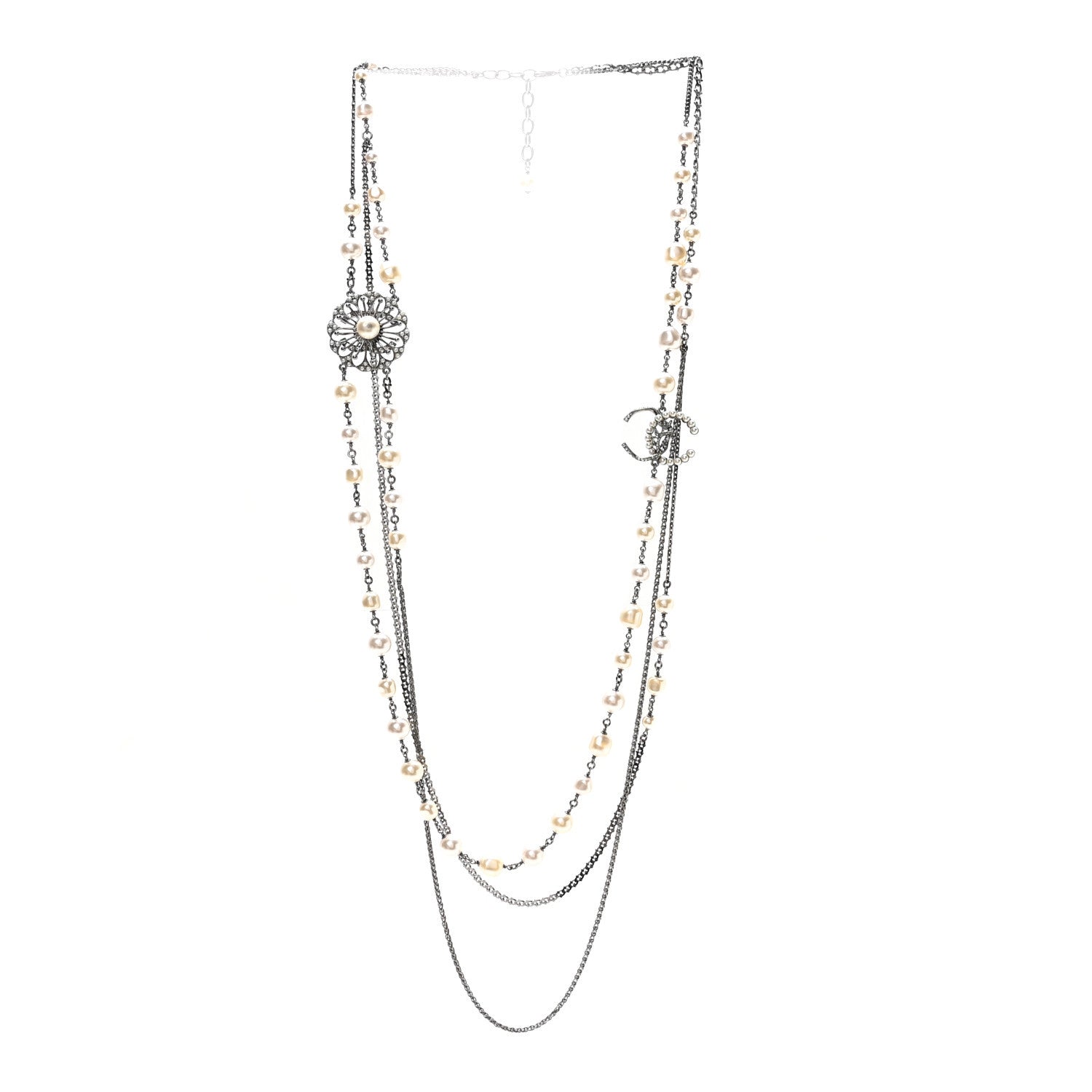Chanel Glass Pearl Crystal CC Leaf Multi Strand Long Necklace Ruthenium 3 of 5