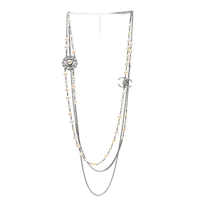 Chanel Glass Pearl Crystal CC Leaf Multi Strand Long Necklace Ruthenium 3 of 5