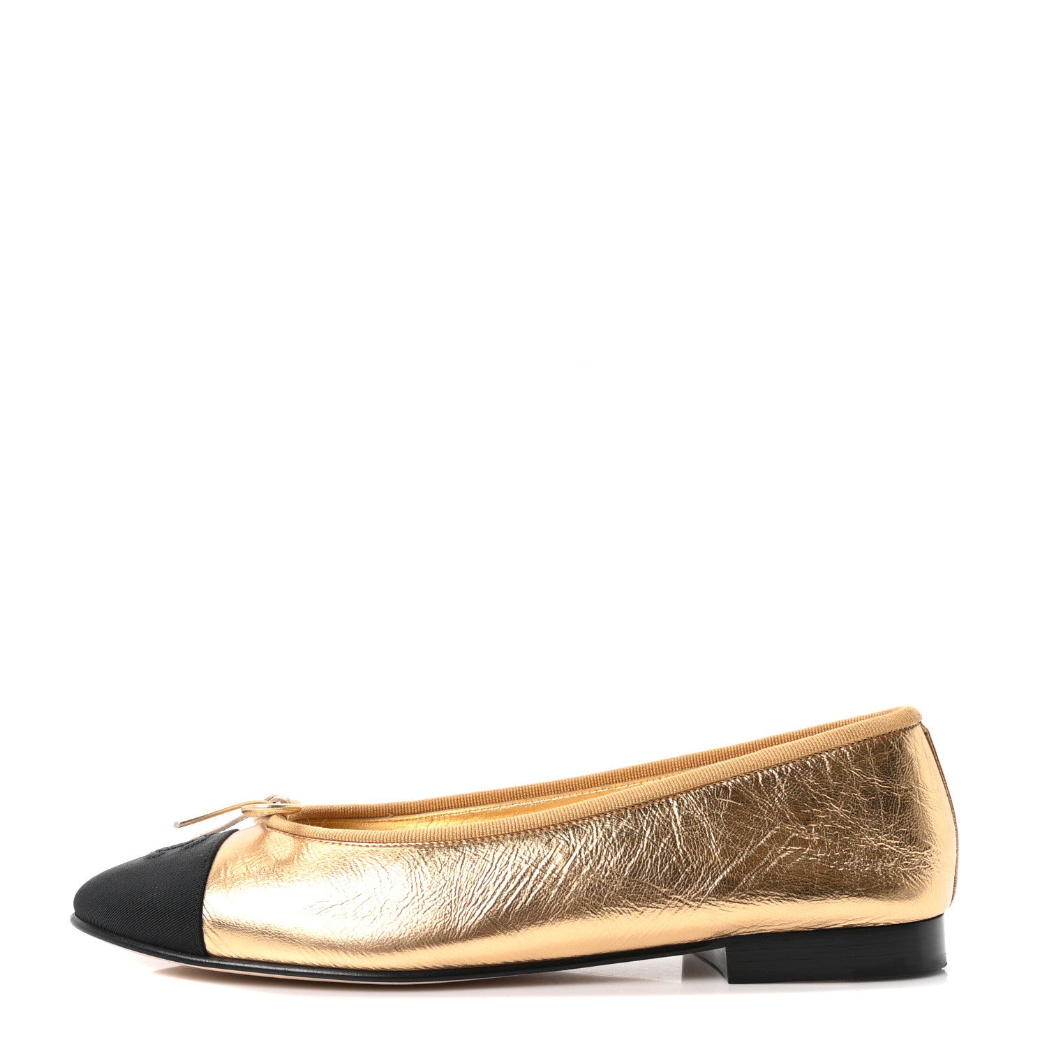 Chanel Laminated Crumpled Lambskin Grosgrain Cap Toe CC Ballerina Flats 39 Gold Black 1 of 10