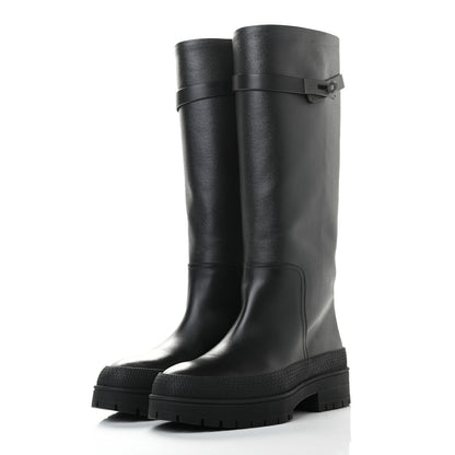 Hermes Coated Canvas Calfskin Barn Boots 37.5 Black 3 of 9